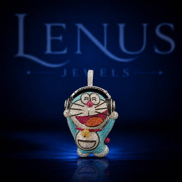 Iced Out Doraemon Moissanite Pendant with Headphones – 925 Sterling Silver VVS Colorful Cartoon Hip Hop Jewelry