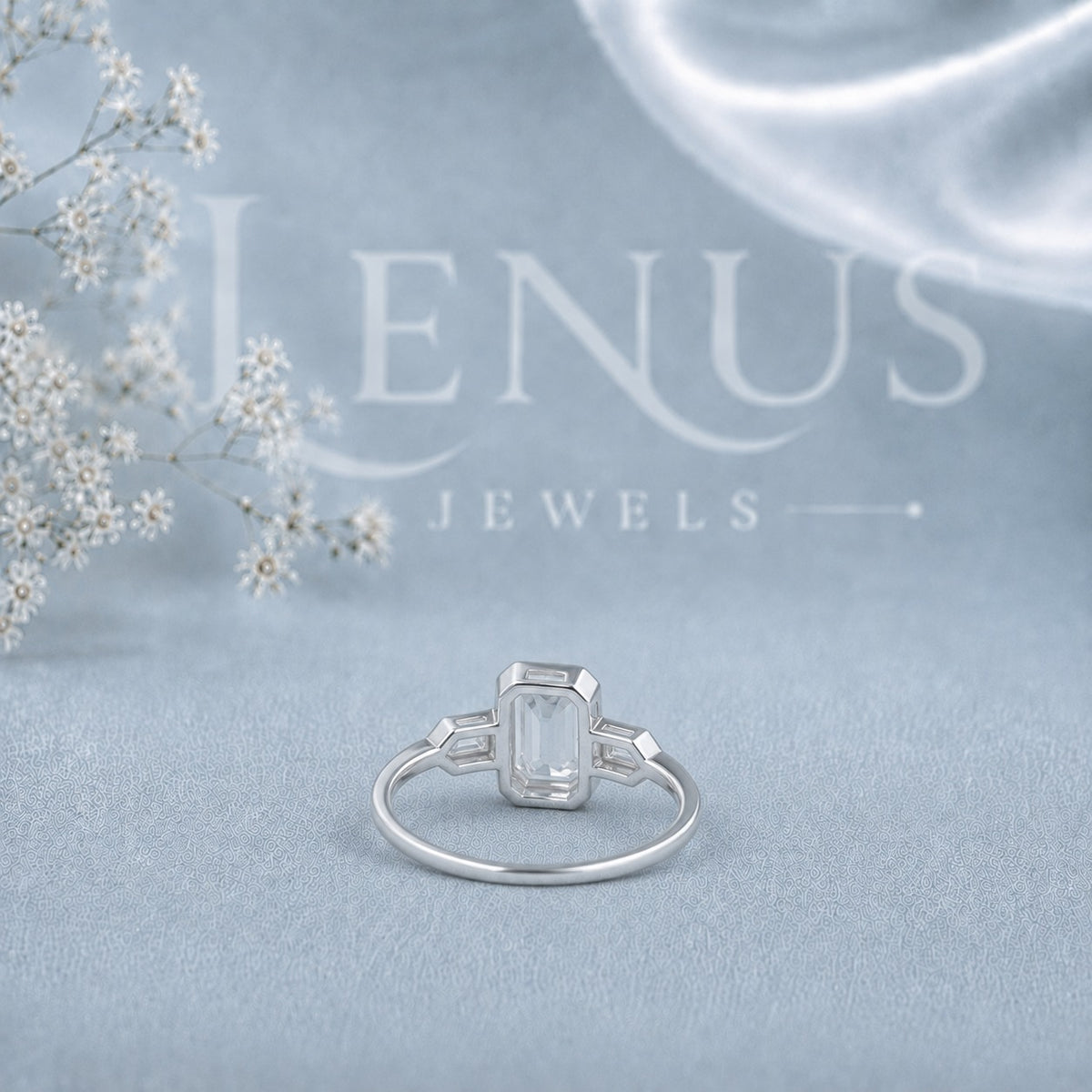 Emerald-Cut Moissanite Three-Stone Ring – Art Deco Bezel-Set Engagement Ring in 925 Sterling Silver