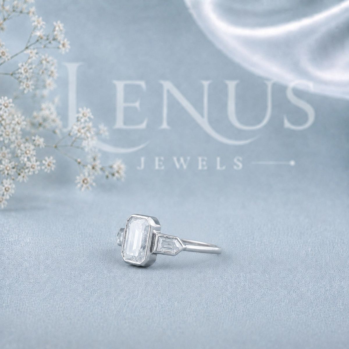 Emerald-Cut Moissanite Three-Stone Ring – Art Deco Bezel-Set Engagement Ring in 925 Sterling Silver