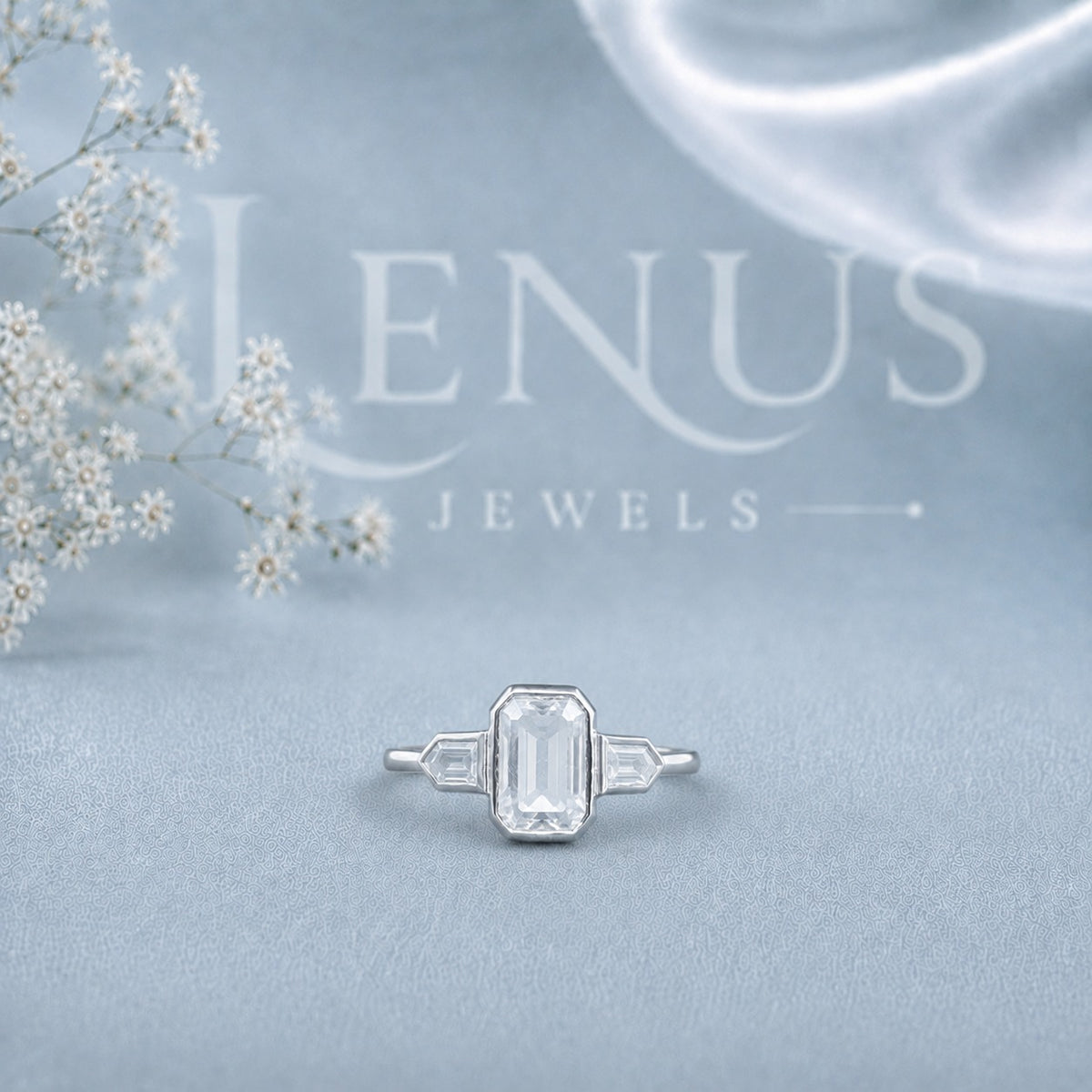 Emerald-Cut Moissanite Three-Stone Ring – Art Deco Bezel-Set Engagement Ring in 925 Sterling Silver