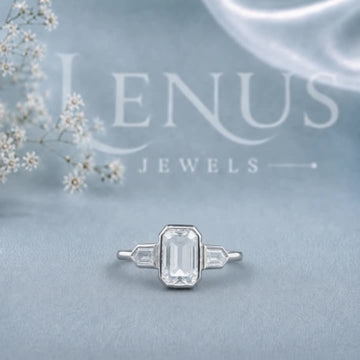 Emerald-Cut Moissanite Three-Stone Ring – Art Deco Bezel-Set Engagement Ring in 925 Sterling Silver