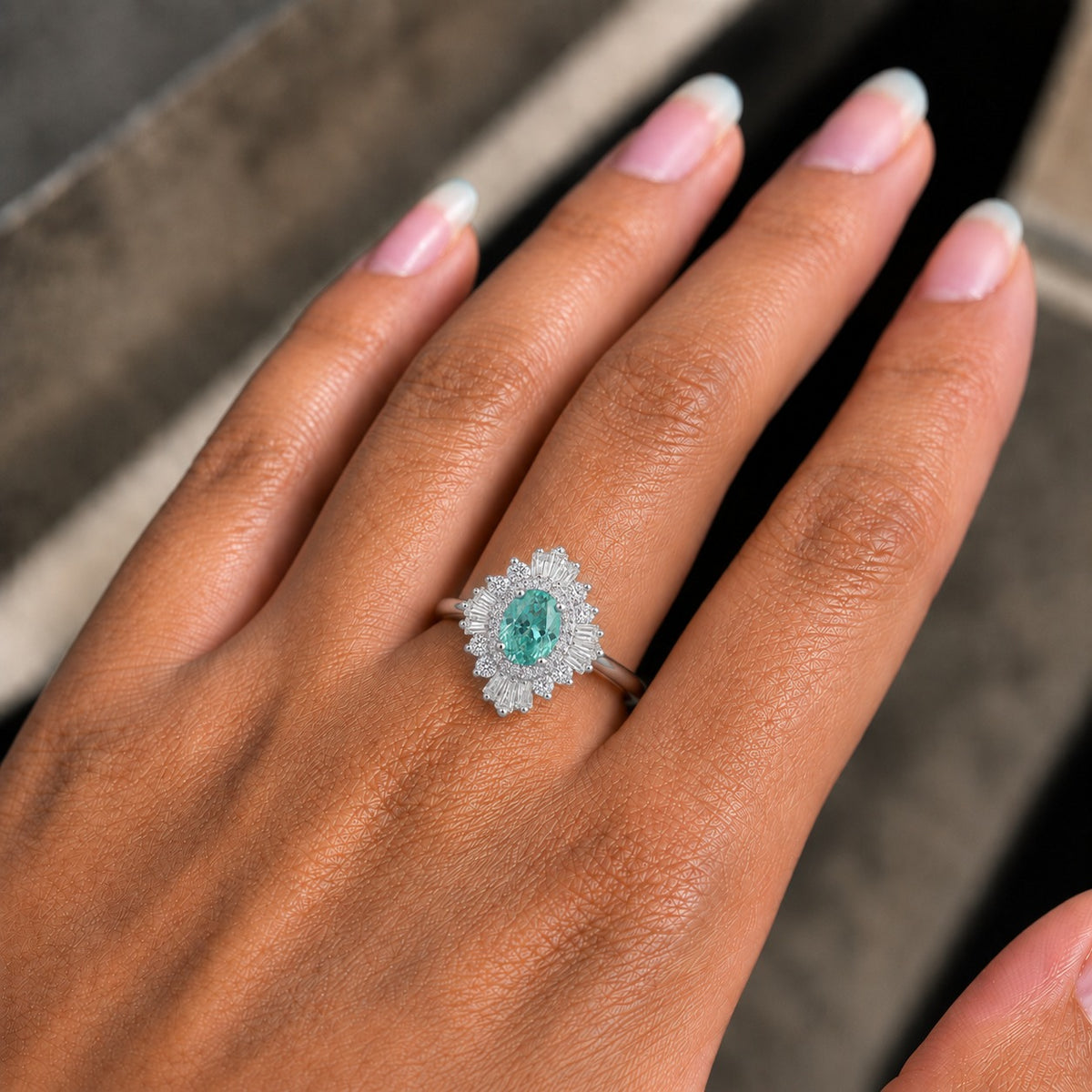 Teal Oval Moissanite Halo Engagement Ring – Baguette Sunburst 925 Sterling Silver Ring