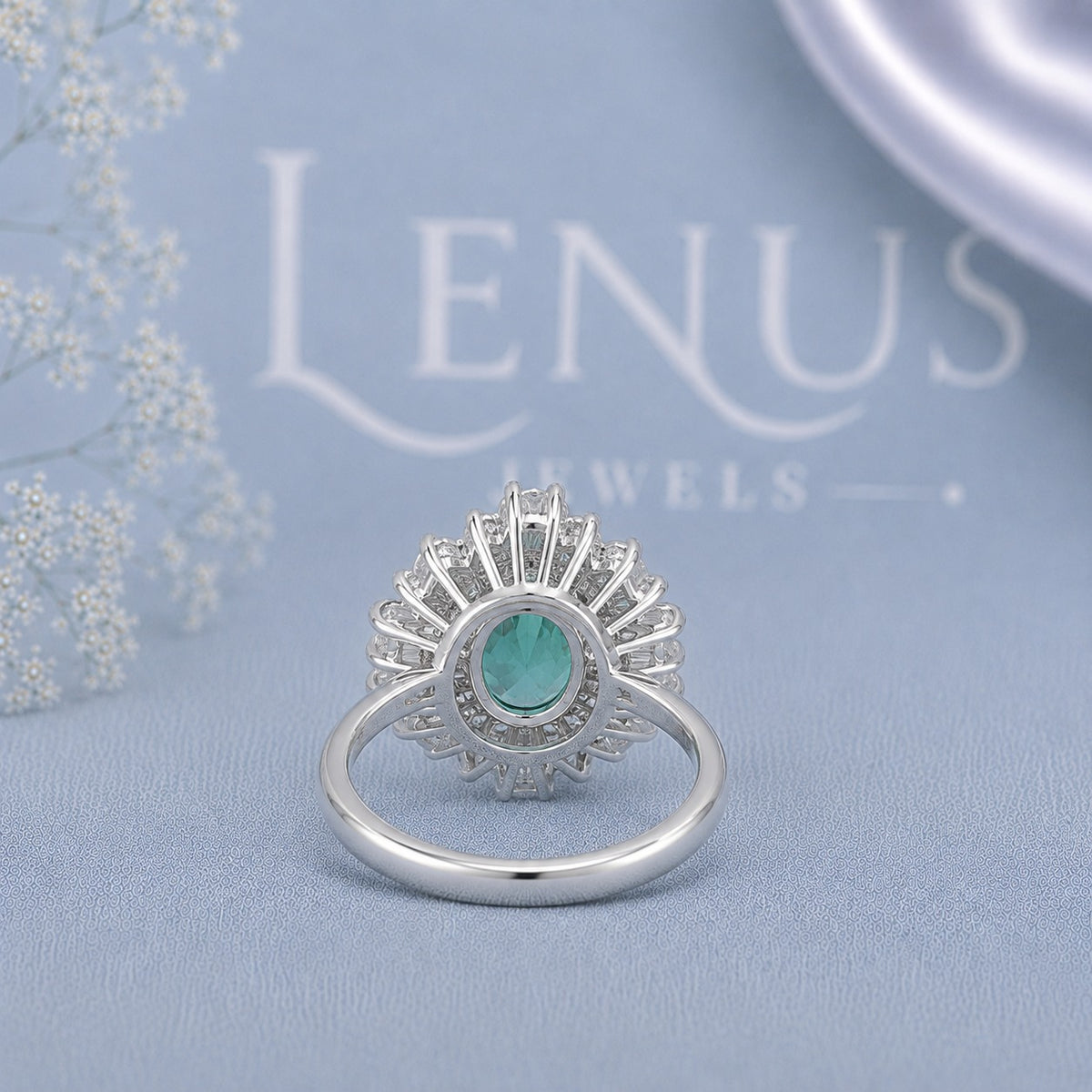 Teal Oval Moissanite Halo Engagement Ring – Baguette Sunburst 925 Sterling Silver Ring