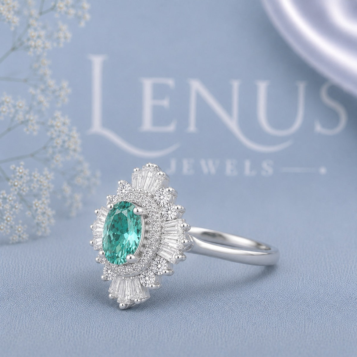 Teal Oval Moissanite Halo Engagement Ring – Baguette Sunburst 925 Sterling Silver Ring