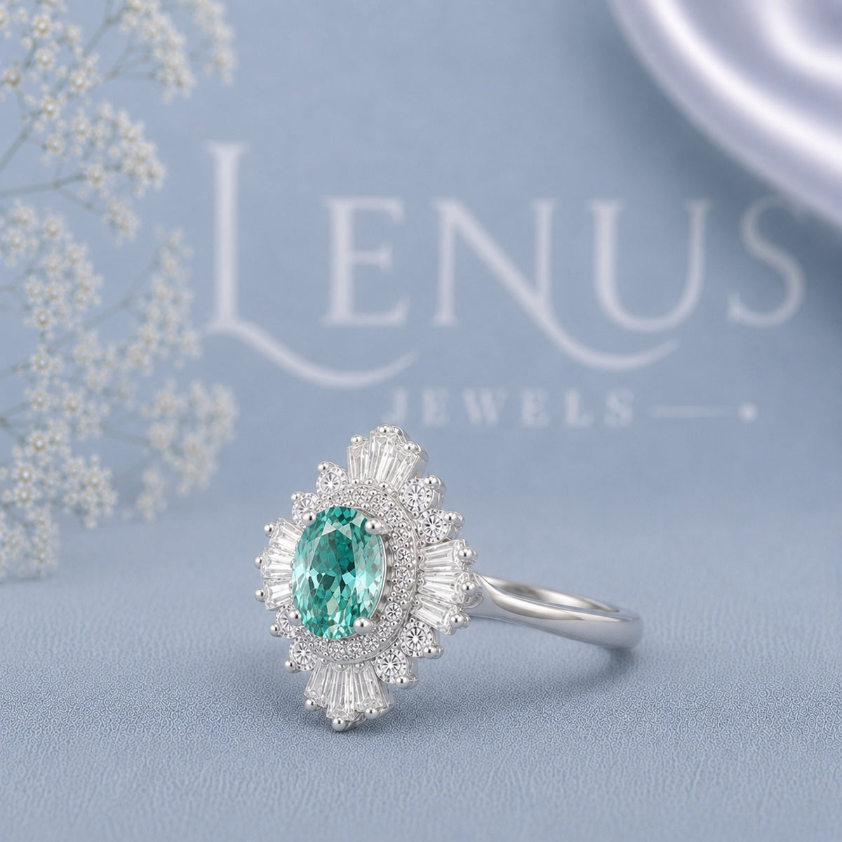 Teal Oval Moissanite Halo Engagement Ring – Baguette Sunburst 925 Sterling Silver Ring