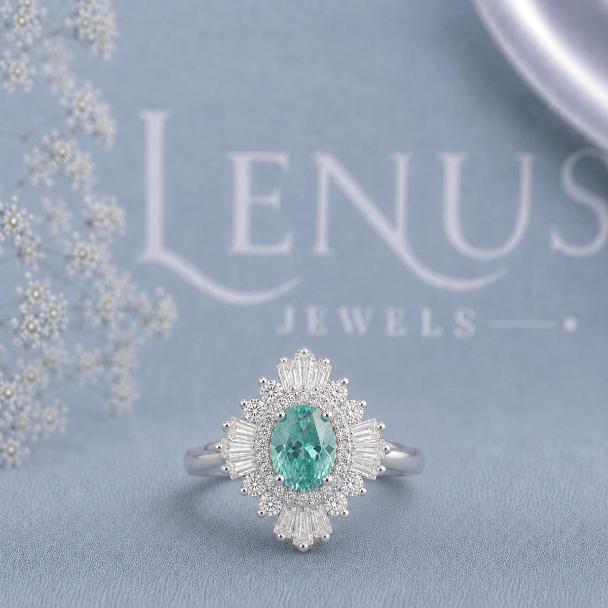 Teal Oval Moissanite Halo Engagement Ring – Baguette Sunburst 925 Sterling Silver Ring