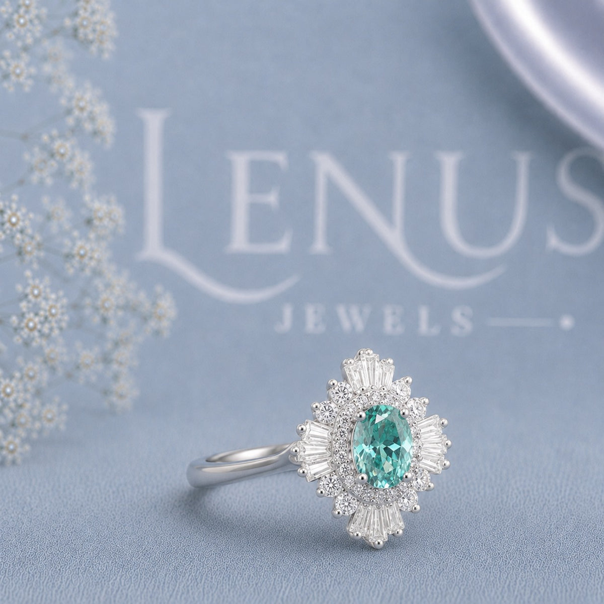 Teal Oval Moissanite Halo Engagement Ring – Baguette Sunburst 925 Sterling Silver Ring