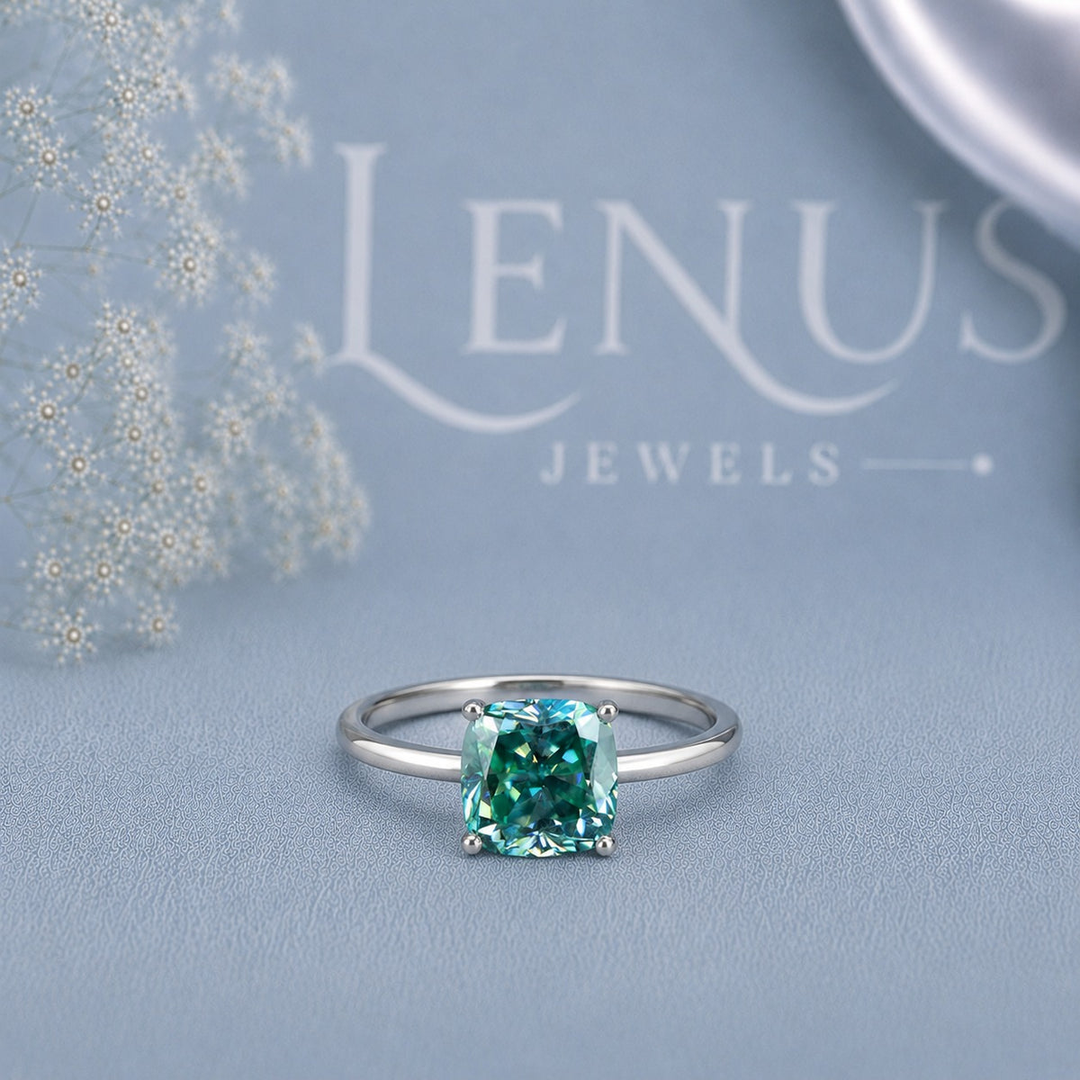 Cyan Blue Cushion Cut Moissanite Ring – 925 Sterling Silver Solitaire Engagement Ring