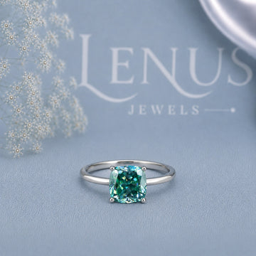 Cyan Blue Cushion Cut Moissanite Ring – 925 Sterling Silver Solitaire Engagement Ring