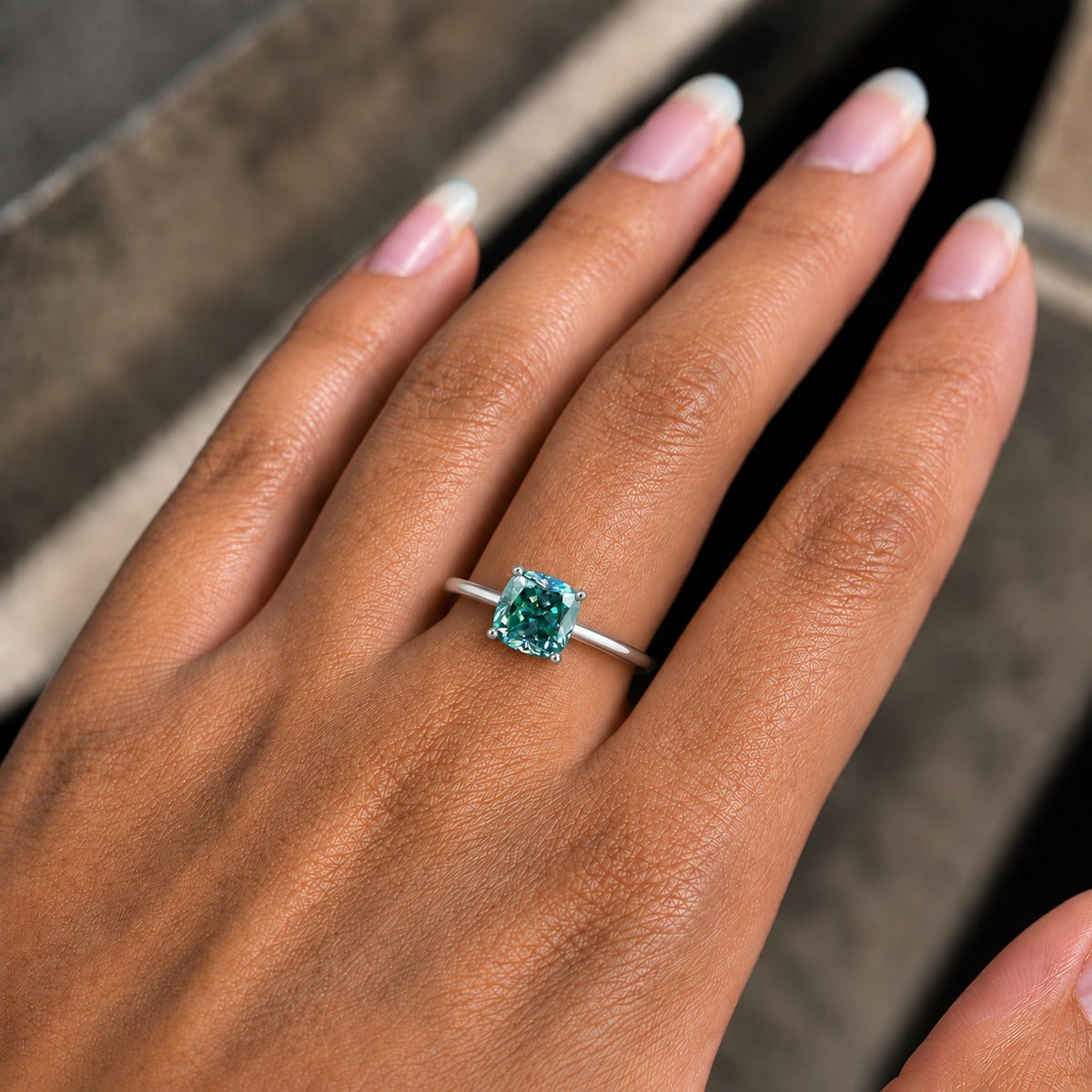 Cyan Blue Cushion Cut Moissanite Ring – 925 Sterling Silver Solitaire Engagement Ring
