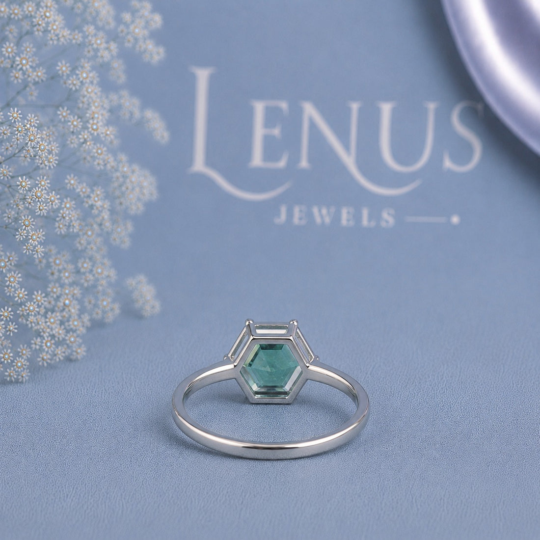 Green Hexagon Moissanite Solitaire Ring – Geometric 925 Sterling Silver Engagement Ring