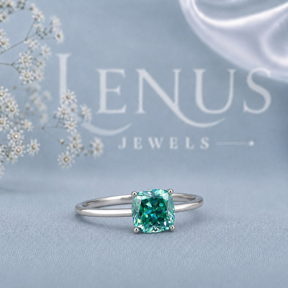 Cyan Blue Cushion Cut Moissanite Ring – 925 Sterling Silver Solitaire Engagement Ring
