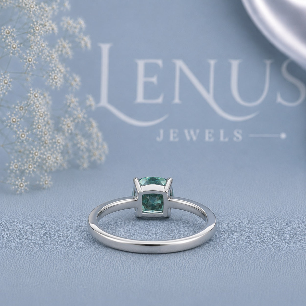 Cyan Blue Cushion Cut Moissanite Ring – 925 Sterling Silver Solitaire Engagement Ring