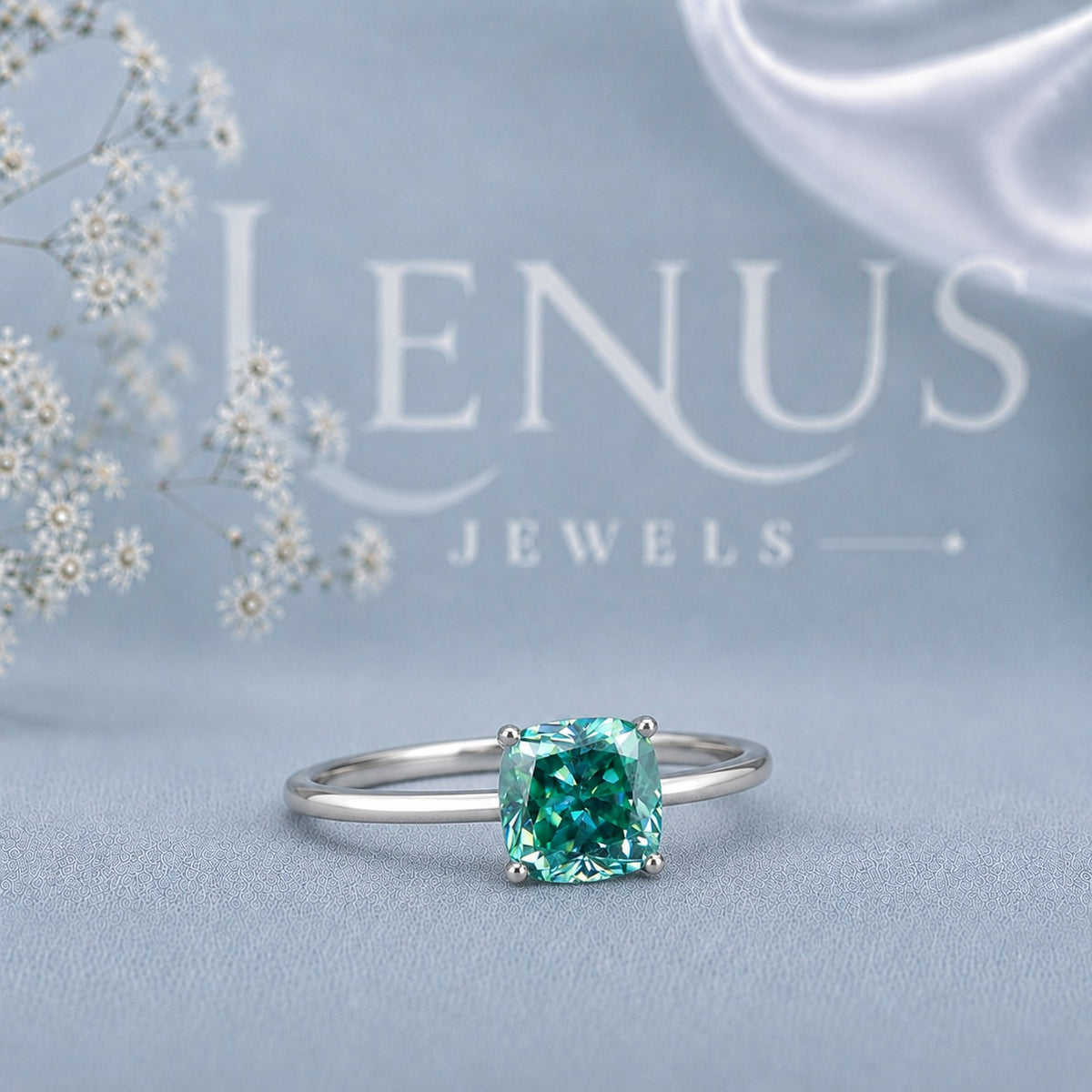 Cyan Blue Cushion Cut Moissanite Ring – 925 Sterling Silver Solitaire Engagement Ring