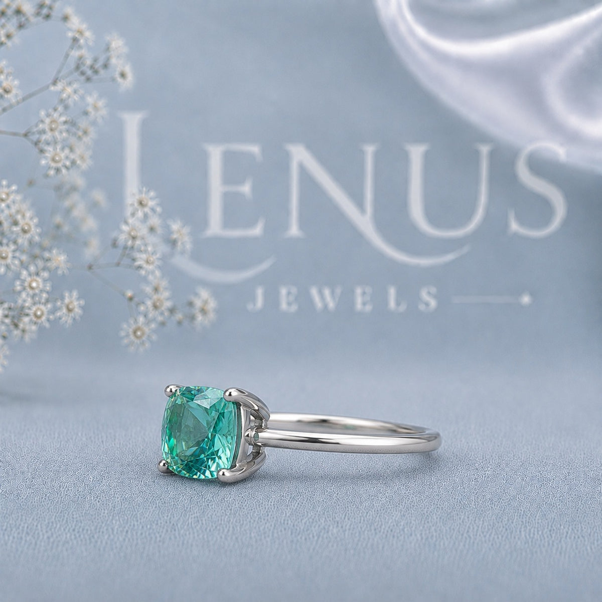 Cyan Blue Cushion Cut Moissanite Ring – 925 Sterling Silver Solitaire Engagement Ring
