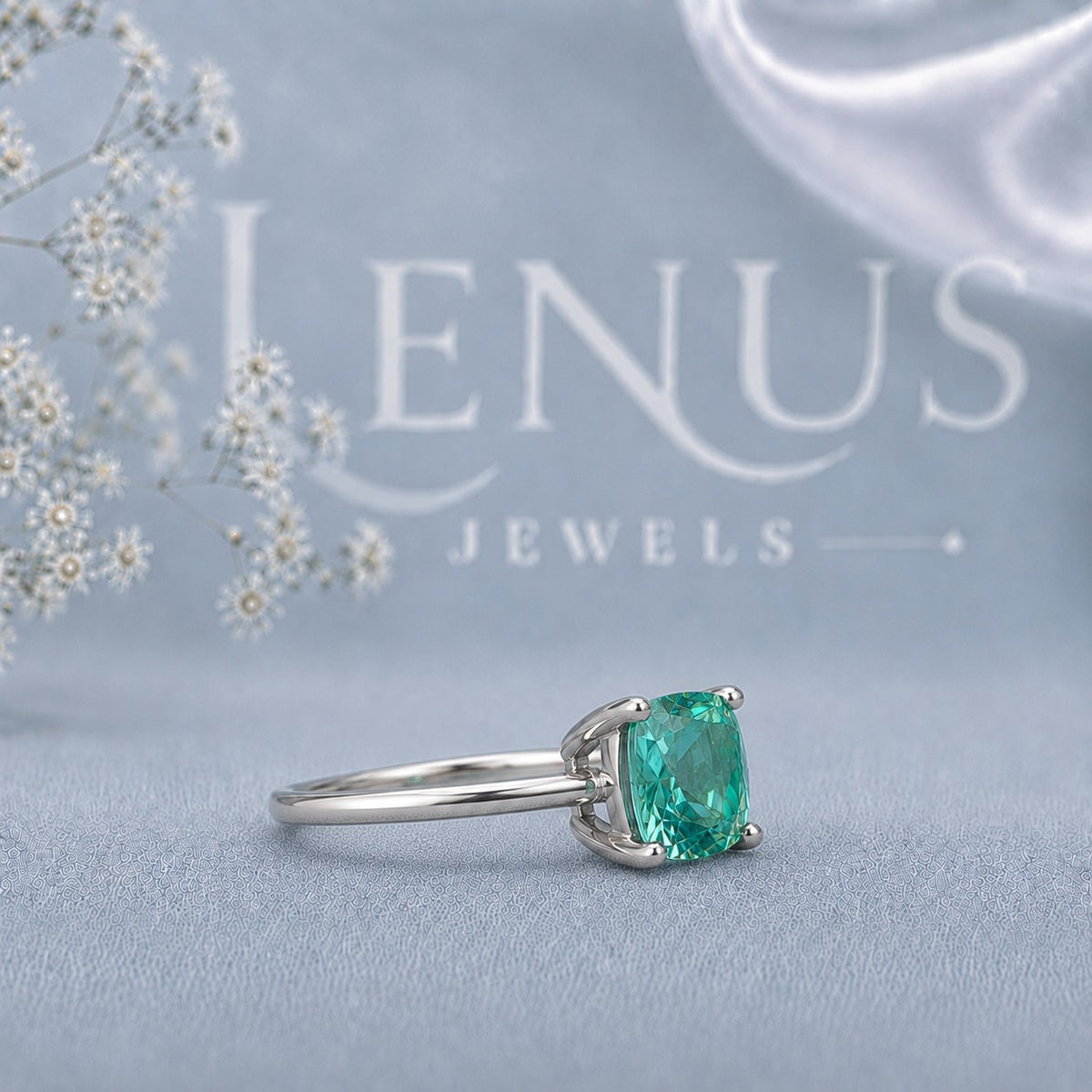 Cyan Blue Cushion Cut Moissanite Ring – 925 Sterling Silver Solitaire Engagement Ring