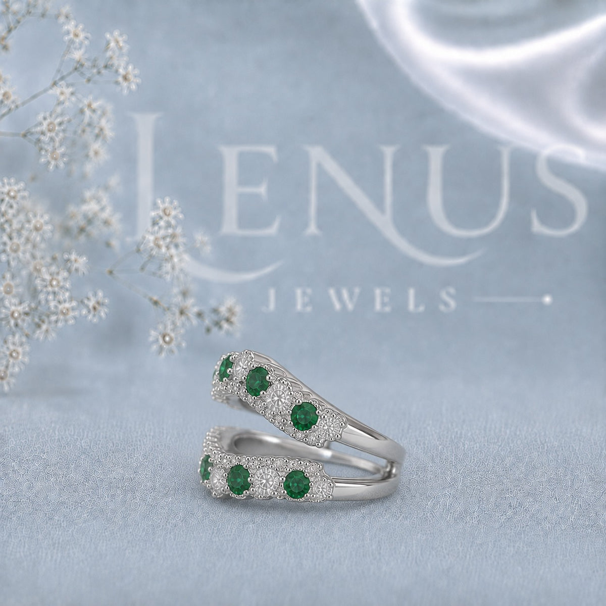 Green & White Moissanite Double Ring Guard Set – Round Cut Floral Cluster Wedding Band Enhancer in 925 Sterling Silver