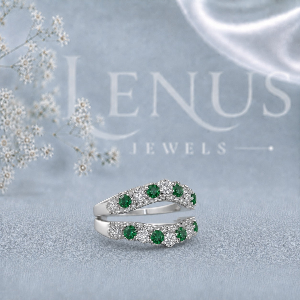 Green & White Moissanite Double Ring Guard Set – Round Cut Floral Cluster Wedding Band Enhancer in 925 Sterling Silver