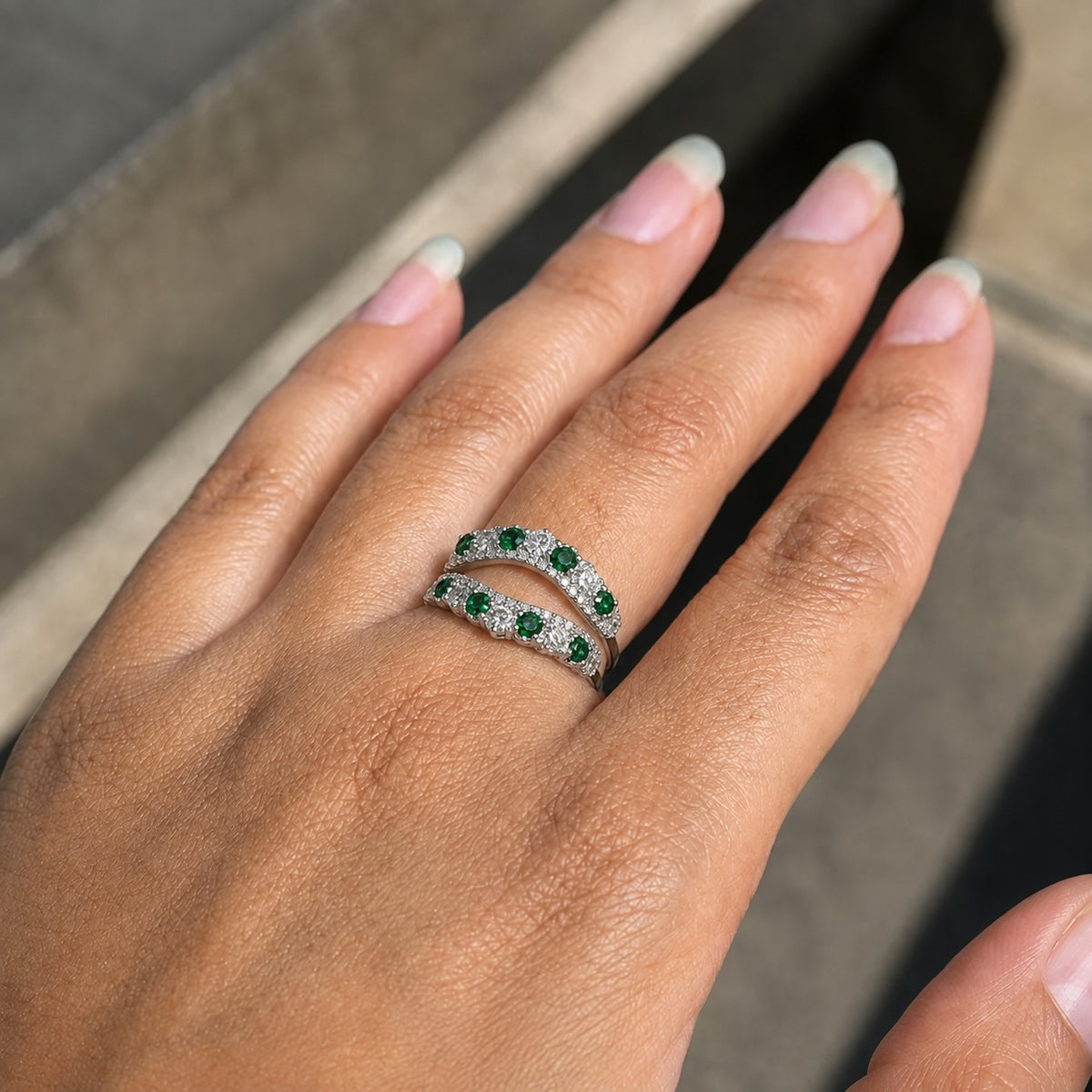 Green & White Moissanite Double Ring Guard Set – Round Cut Floral Cluster Wedding Band Enhancer in 925 Sterling Silver