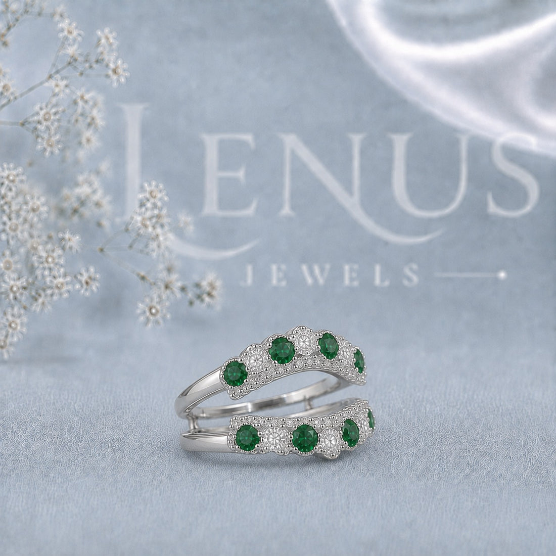 Green & White Moissanite Double Ring Guard Set – Round Cut Floral Cluster Wedding Band Enhancer in 925 Sterling Silver