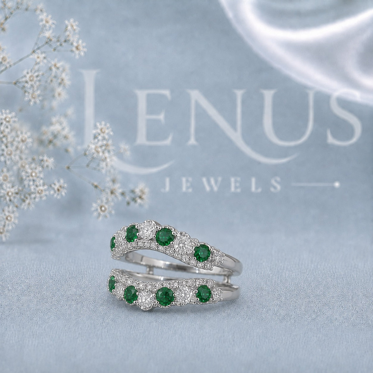 Green & White Moissanite Double Ring Guard Set – Round Cut Floral Cluster Wedding Band Enhancer in 925 Sterling Silver