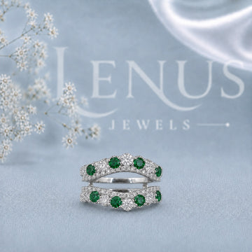 Green & White Moissanite Double Ring Guard Set – Round Cut Floral Cluster Wedding Band Enhancer in 925 Sterling Silver