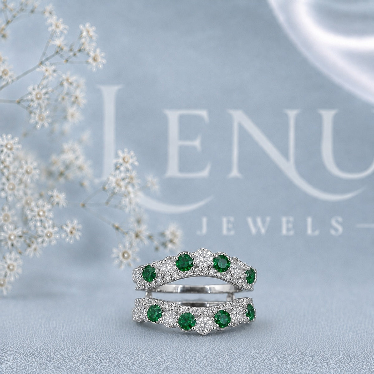 Green & White Moissanite Double Ring Guard Set – Round Cut Floral Cluster Wedding Band Enhancer in 925 Sterling Silver