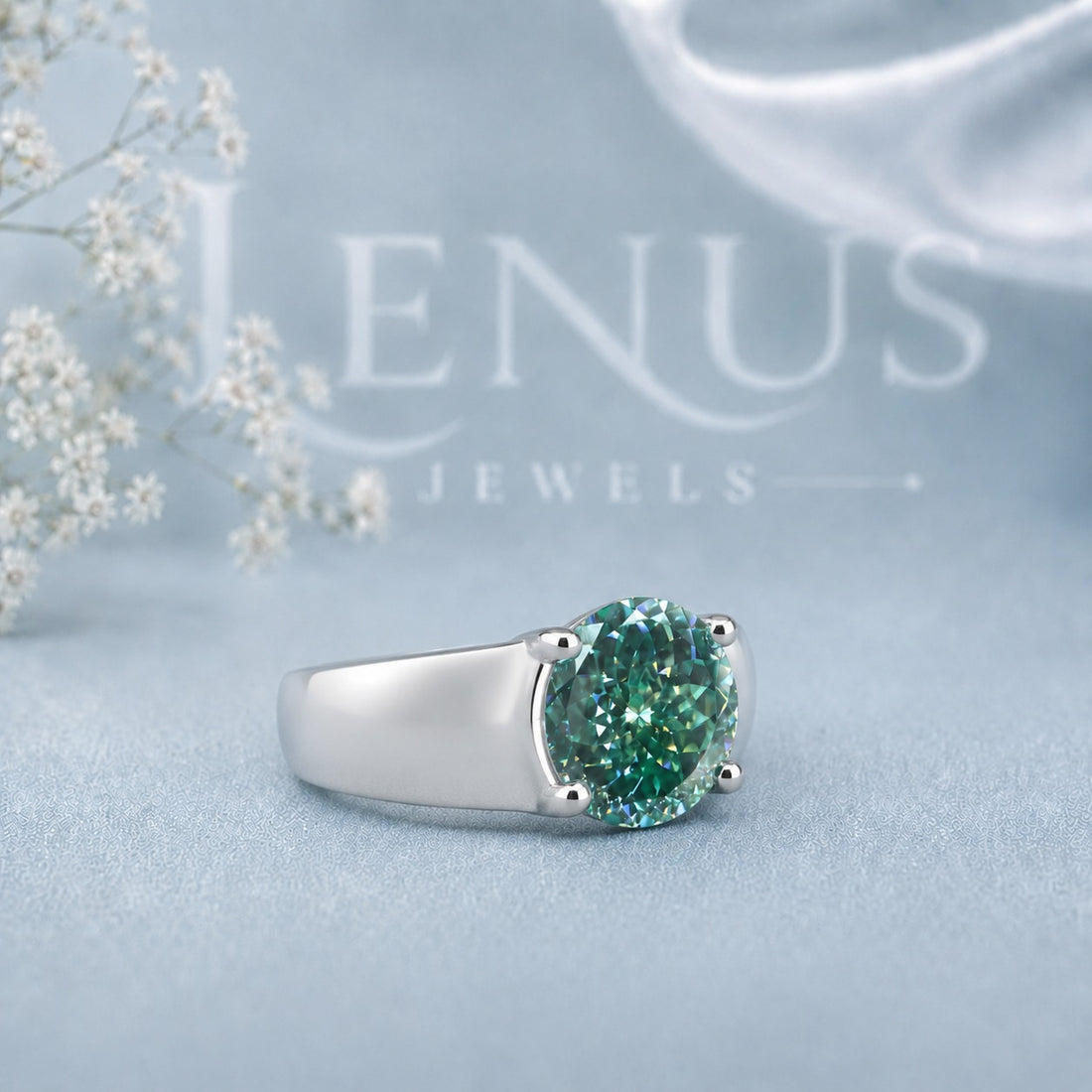Green Round Moissanite Solitaire Ring – 925 Sterling Silver Statement Band