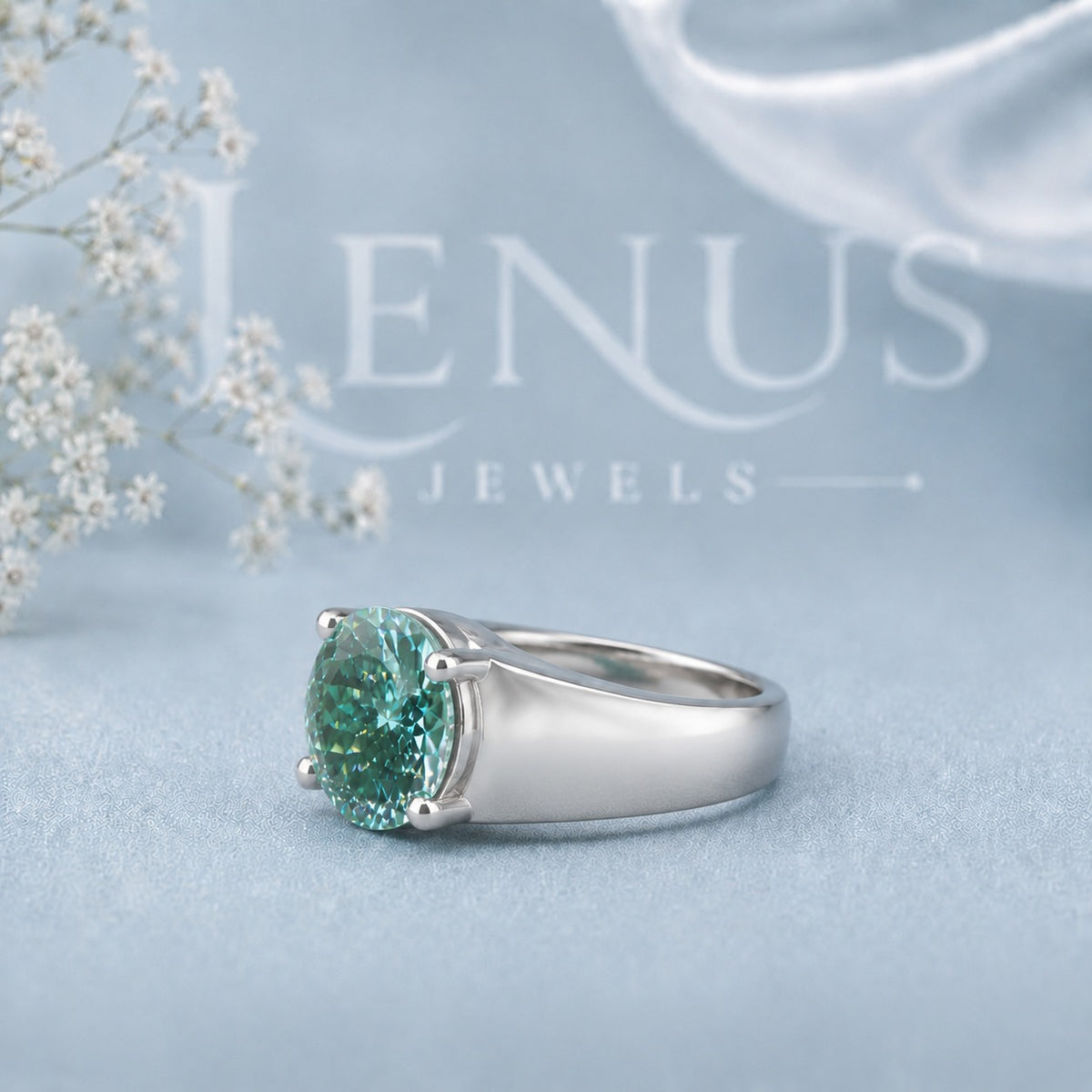 Green Round Moissanite Solitaire Ring – 925 Sterling Silver Statement Band