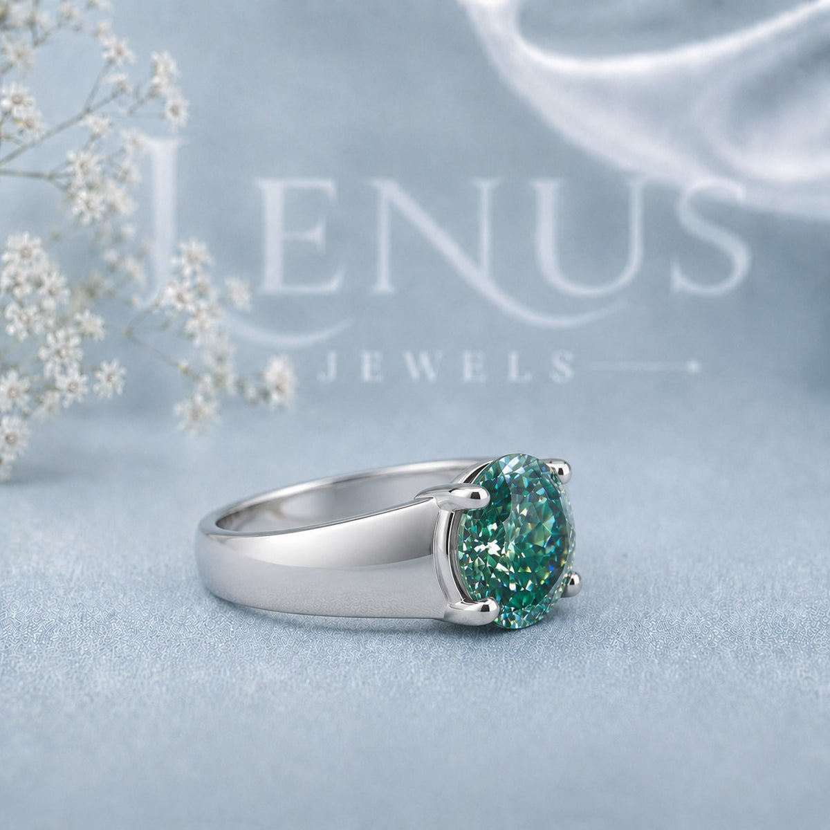 Green Round Moissanite Solitaire Ring – 925 Sterling Silver Statement Band