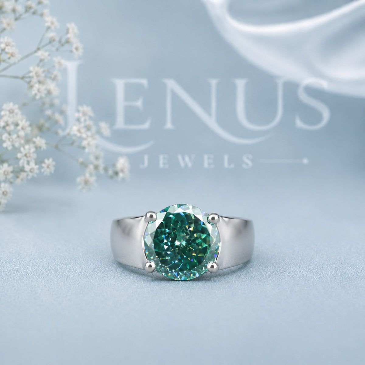 Green Round Moissanite Solitaire Ring – 925 Sterling Silver Statement Band