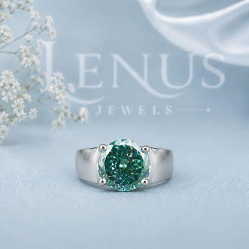 Green Round Moissanite Solitaire Ring – 925 Sterling Silver Statement Band