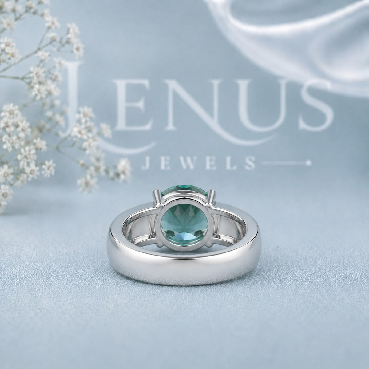 Green Round Moissanite Solitaire Ring – 925 Sterling Silver Statement Band