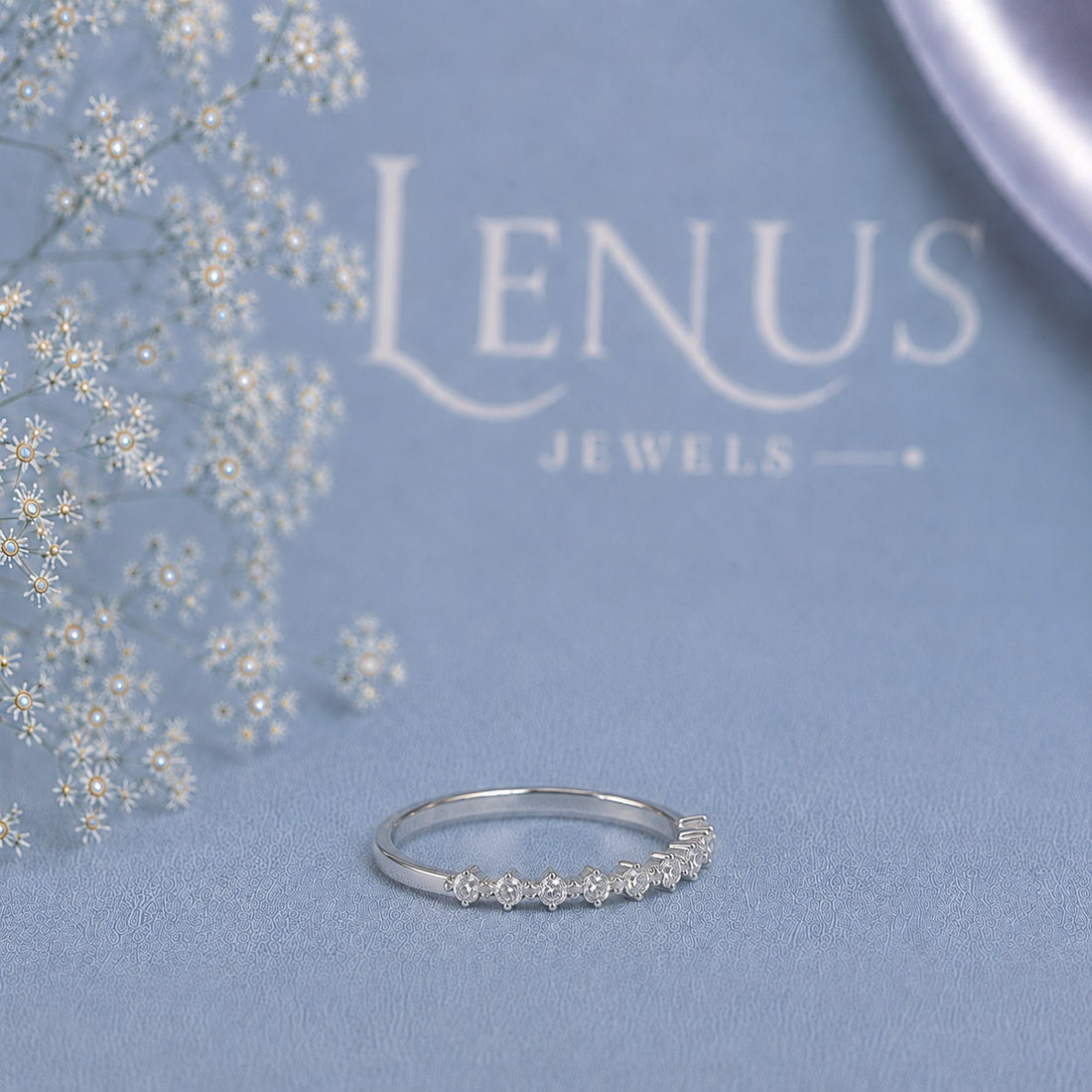 Round Moissanite Half-Eternity Wedding Band – Shared-Prong 925 Sterling Silver Stackable Anniversary Ring