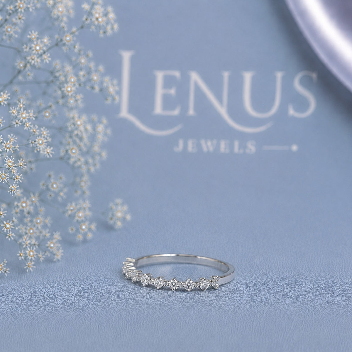 Round Moissanite Half-Eternity Wedding Band – Shared-Prong 925 Sterling Silver Stackable Anniversary Ring