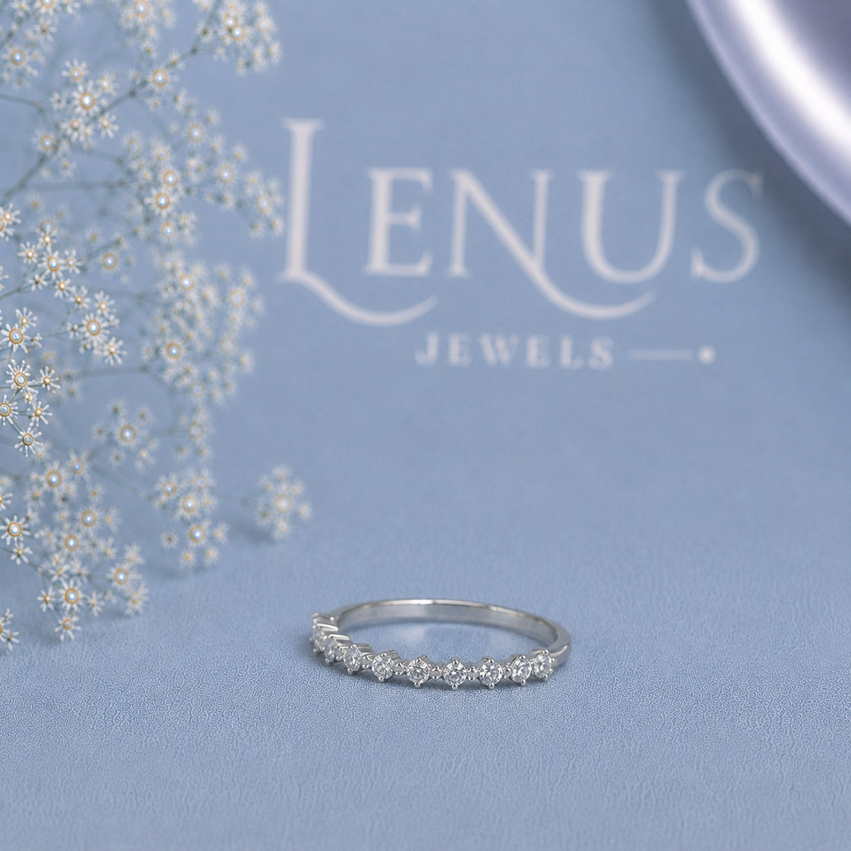Round Moissanite Half-Eternity Wedding Band – Shared-Prong 925 Sterling Silver Stackable Anniversary Ring