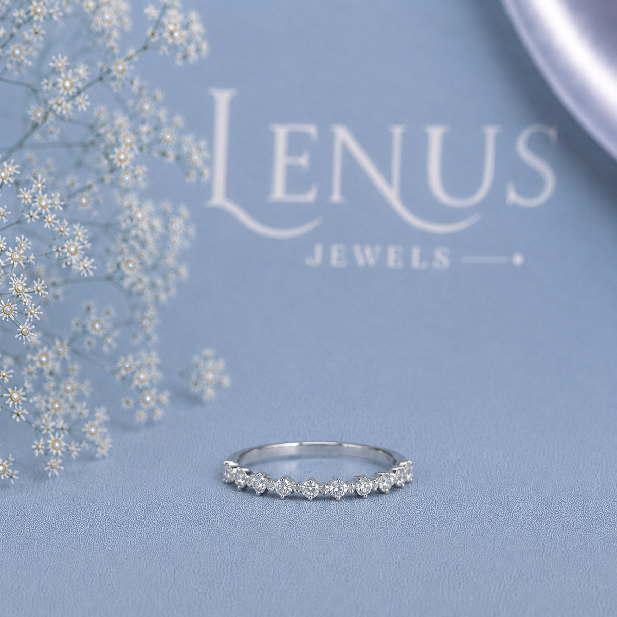 Round Moissanite Half-Eternity Wedding Band – Shared-Prong 925 Sterling Silver Stackable Anniversary Ring