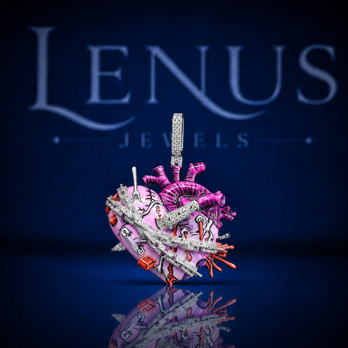 Iced Out Anatomical Heart Moissanite Pendant – 925 Sterling Silver VVS Diamond Heart with Pink Enamel, Dagger & Barbed Wire Hip Hop Jewelry