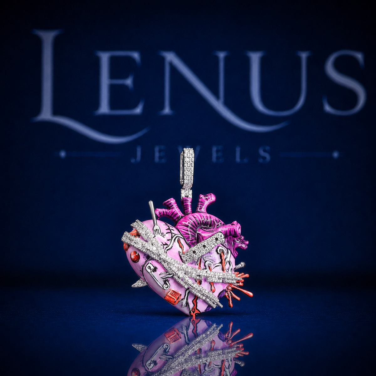 Iced Out Anatomical Heart Moissanite Pendant – 925 Sterling Silver VVS Diamond Heart with Pink Enamel, Dagger & Barbed Wire Hip Hop Jewelry