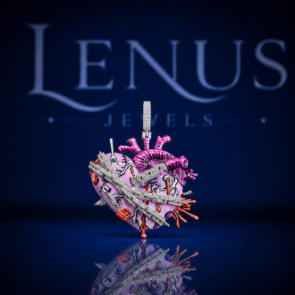 Iced Out Anatomical Heart Moissanite Pendant – 925 Sterling Silver VVS Diamond Heart with Pink Enamel, Dagger & Barbed Wire Hip Hop Jewelry