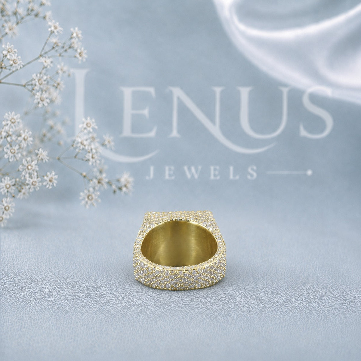 Yellow Gold Iced-Out Moissanite Dome Ring – Micro-Pavé Wide Bubble Ring in 925 Sterling Silver