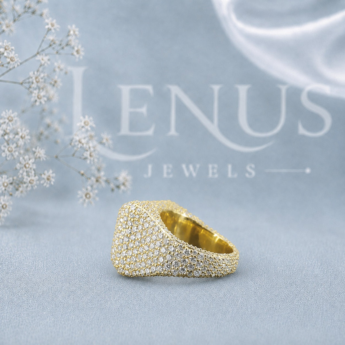 Yellow Gold Iced-Out Moissanite Dome Ring – Micro-Pavé Wide Bubble Ring in 925 Sterling Silver