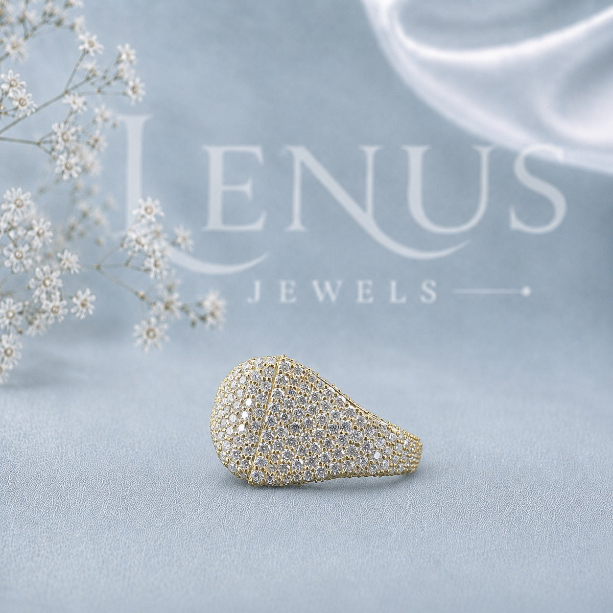 Yellow Gold Iced-Out Moissanite Dome Ring – Micro-Pavé Wide Bubble Ring in 925 Sterling Silver