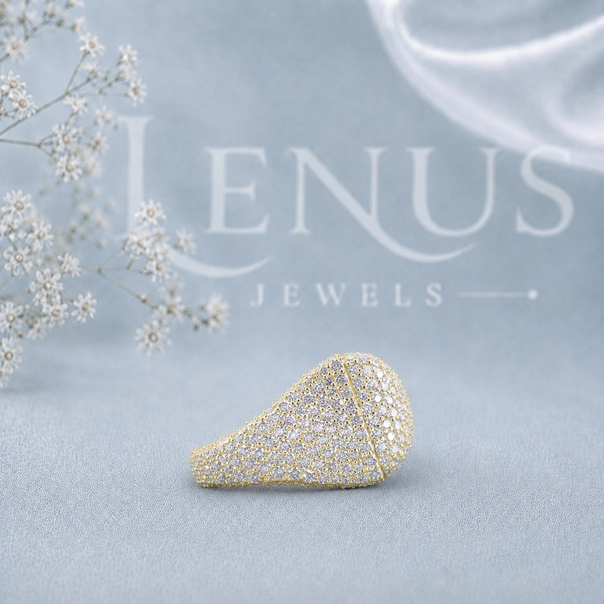 Yellow Gold Iced-Out Moissanite Dome Ring – Micro-Pavé Wide Bubble Ring in 925 Sterling Silver
