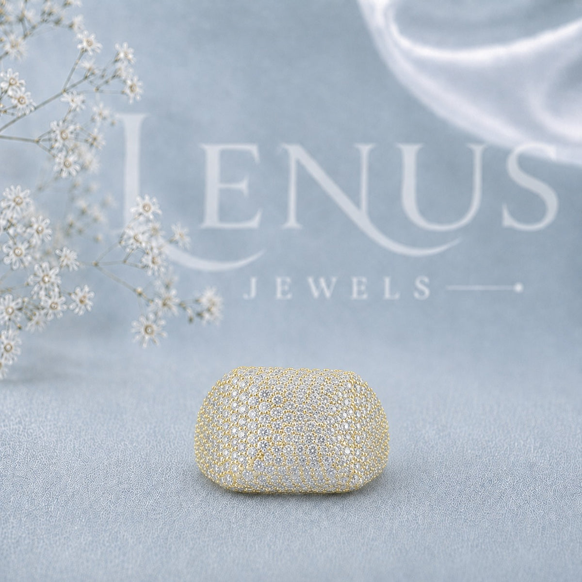 Yellow Gold Iced-Out Moissanite Dome Ring – Micro-Pavé Wide Bubble Ring in 925 Sterling Silver
