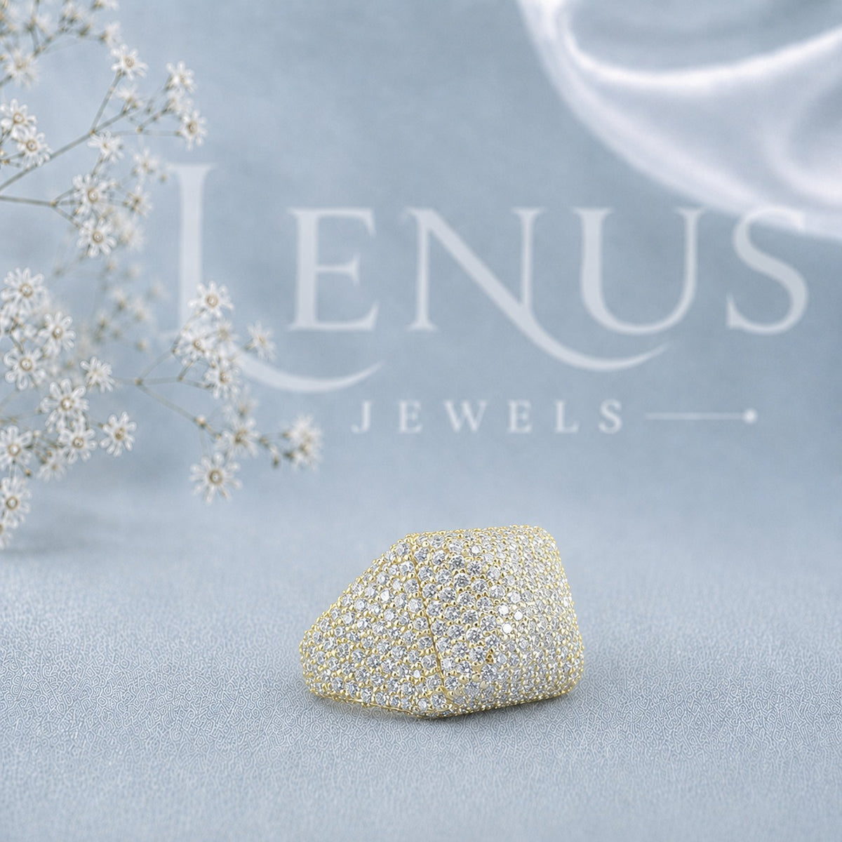 Yellow Gold Iced-Out Moissanite Dome Ring – Micro-Pavé Wide Bubble Ring in 925 Sterling Silver