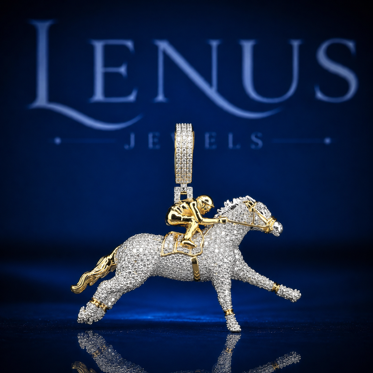 Iced Out Horse Racing Jockey Pendant – VVS Moissanite 925 Sterling Silver Galloping Horse with Gold Rider, Diamond Tester Pass Hip Hop Jewelry