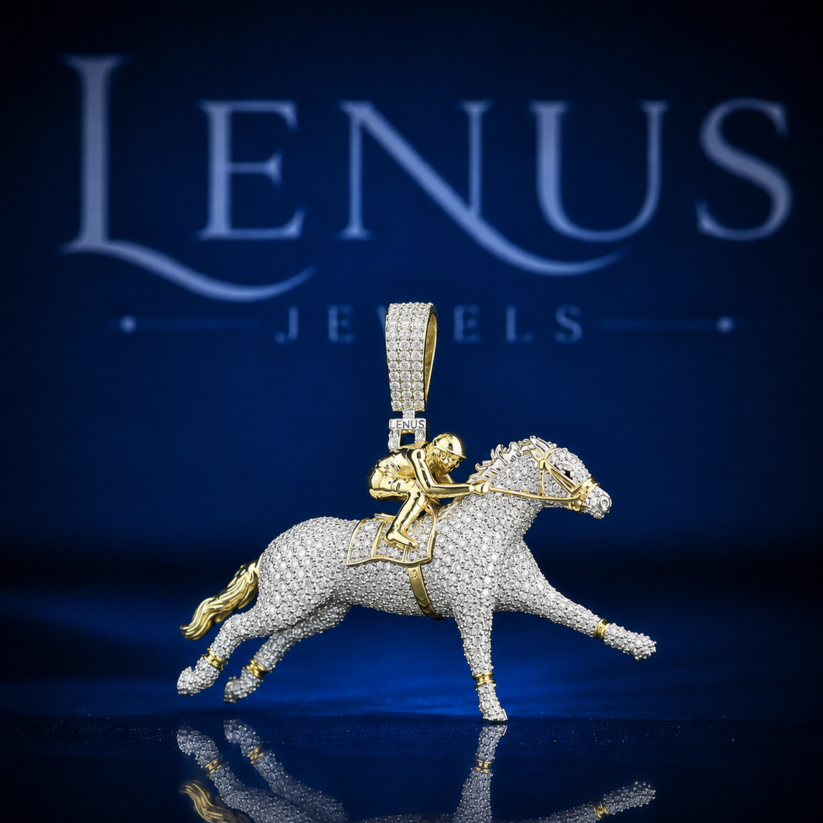 Iced Out Horse Racing Jockey Pendant – VVS Moissanite 925 Sterling Silver Galloping Horse with Gold Rider, Diamond Tester Pass Hip Hop Jewelry