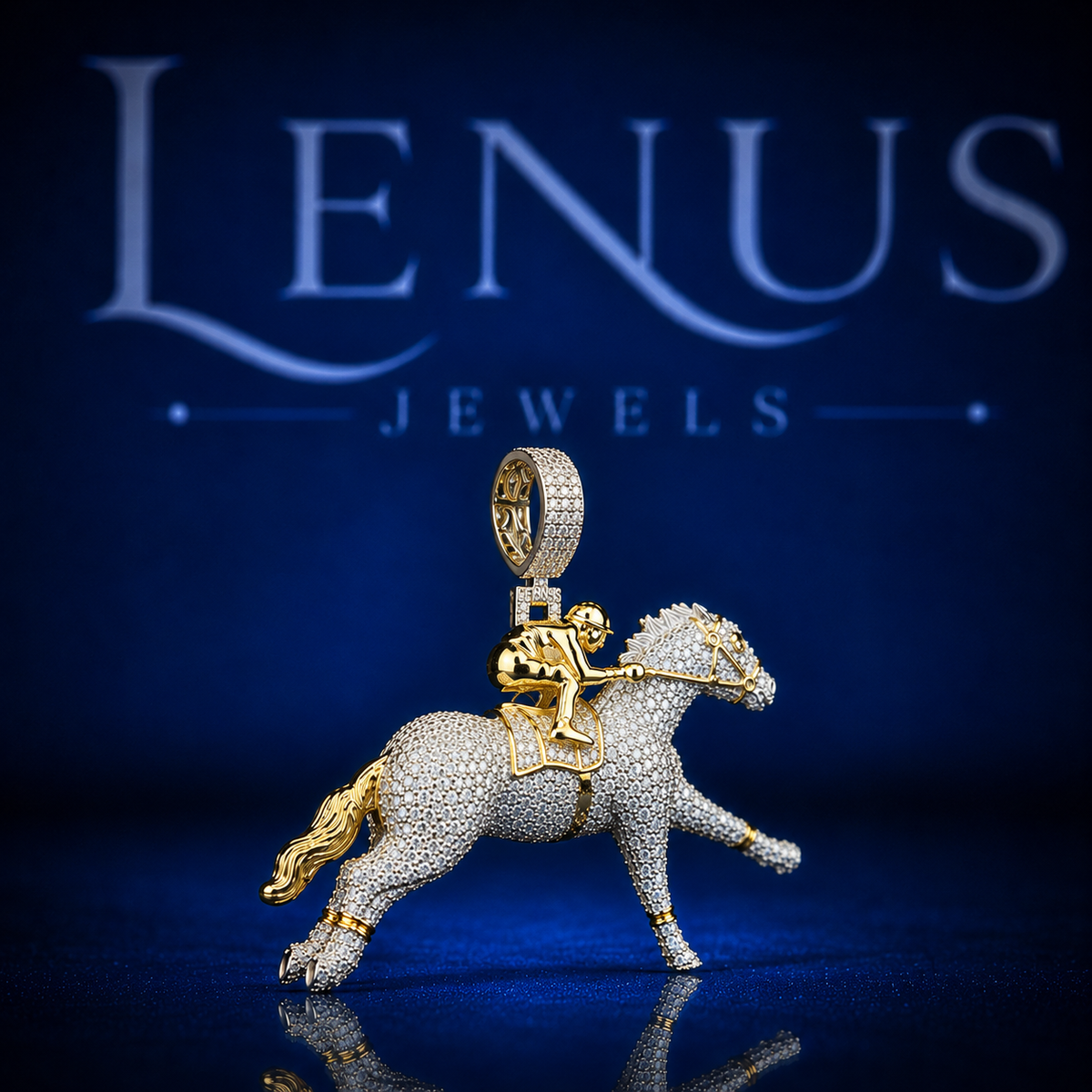 Iced Out Horse Racing Jockey Pendant – VVS Moissanite 925 Sterling Silver Galloping Horse with Gold Rider, Diamond Tester Pass Hip Hop Jewelry
