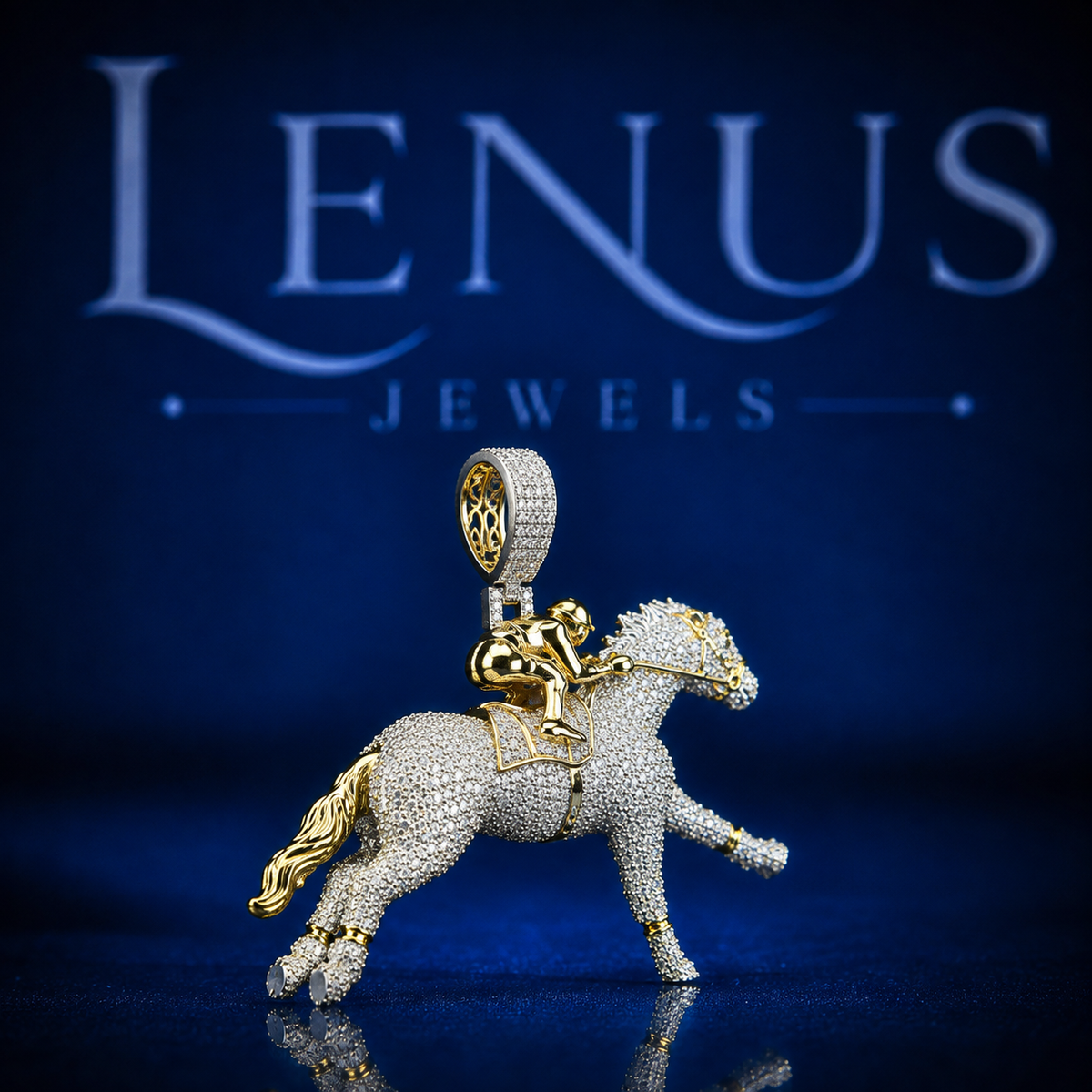 Iced Out Horse Racing Jockey Pendant – VVS Moissanite 925 Sterling Silver Galloping Horse with Gold Rider, Diamond Tester Pass Hip Hop Jewelry